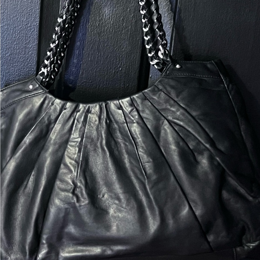 Levenger Black Leather Shoulder Bag with Chain-Accent Straps